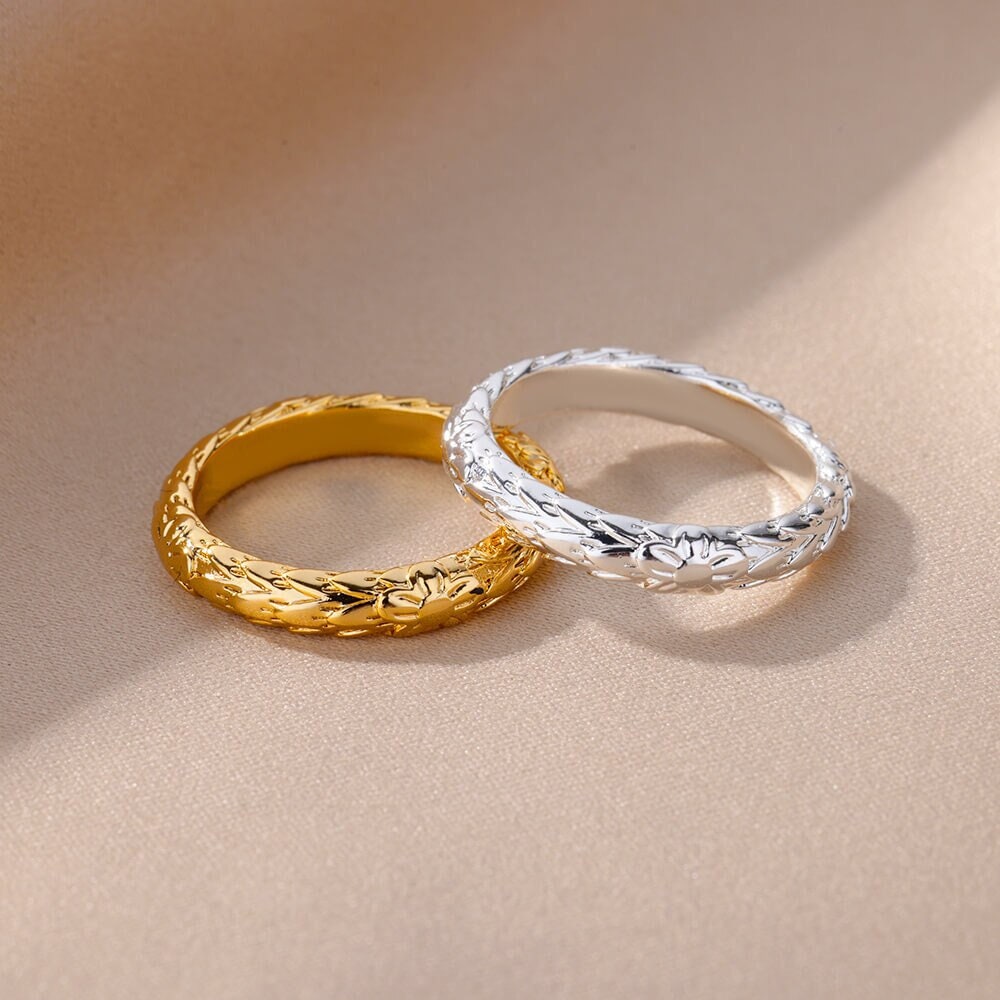 Boho Flower Lotus Texture Ring, Gold Flower Vines Ring, 18K Gold Flower Ring, Hippie Flower Dainty Minimalist Ring for Women, Gift for Her