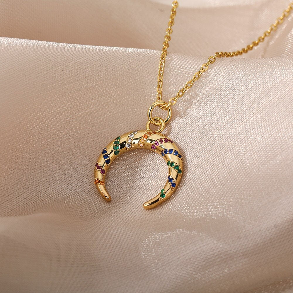 Punk Moon Pendant, Gold Moon Goddess Pendant, Enchantress Moon Pendant, 18K Gold Moon Necklace, Gothic Goddess for Women, Gift for Her