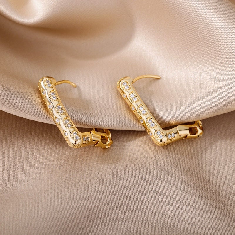 Boho Square Hoop Earrings, Punk Square Earrings, Cubic Zirconia Hoops, 18K Gold, Rectangle Box Dainty Minimalist for Women, Gift for Her