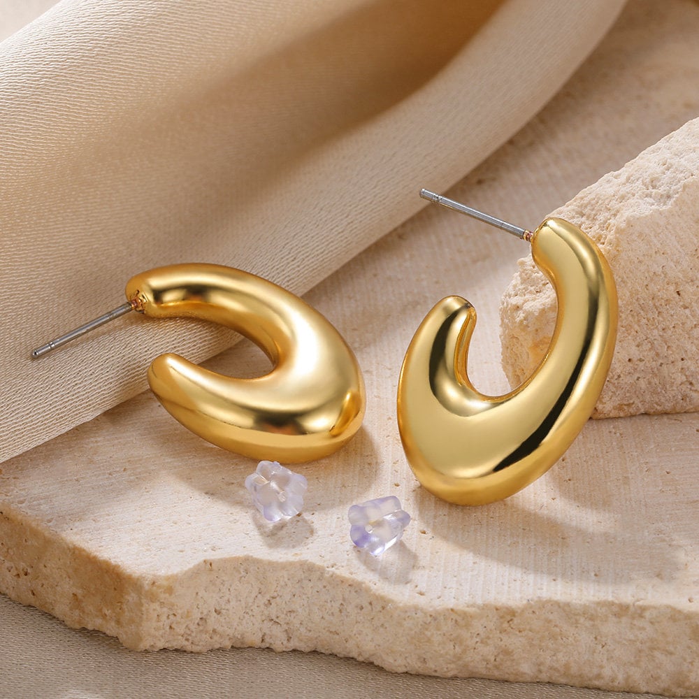 Boho Fish Hook Hoop Earrings, 18K Gold Hoop Hoop Earrings, Punk Thick Hook Hoop Earrings for Women, Dainty Minimalist Gift for Her