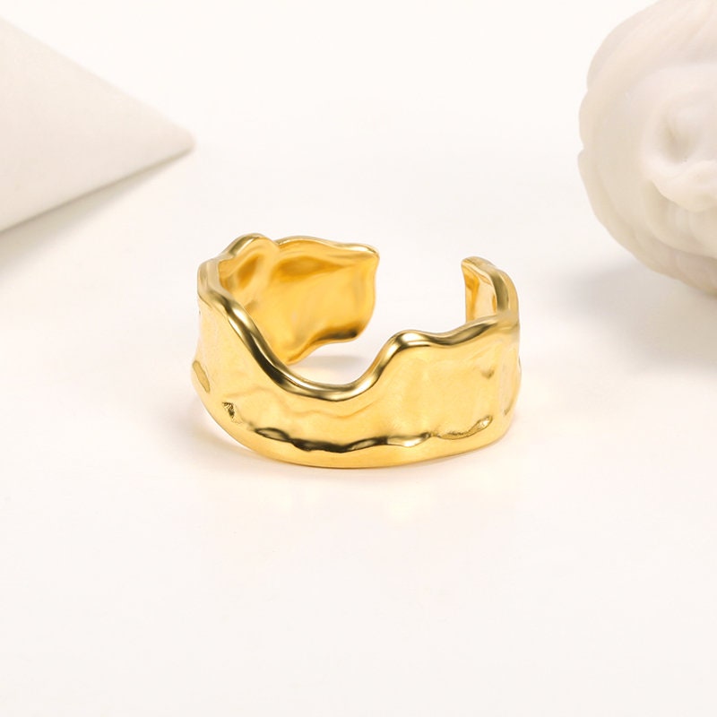 Punk Gold Organic Ring, 18K Gold Stackable Geometric Ring, Boho Dainty Minimalist Irregular Ring for Women, Gift for Her