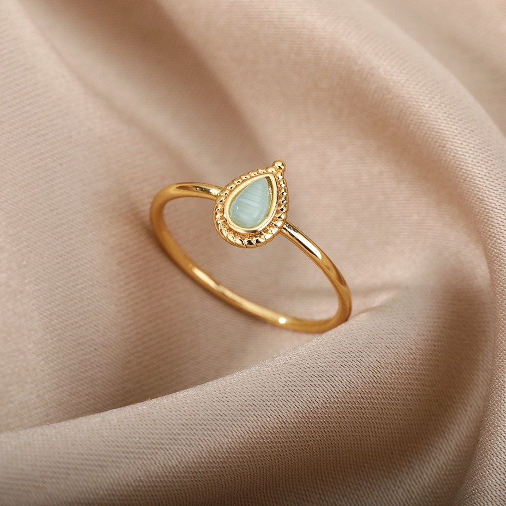 Henna Dainty Water Drop Ring, Gold Henna Tear Drop Ring, 18K Gold Opal Ring, Dainty Boho Minimalist Ring for Women, Gift for Her