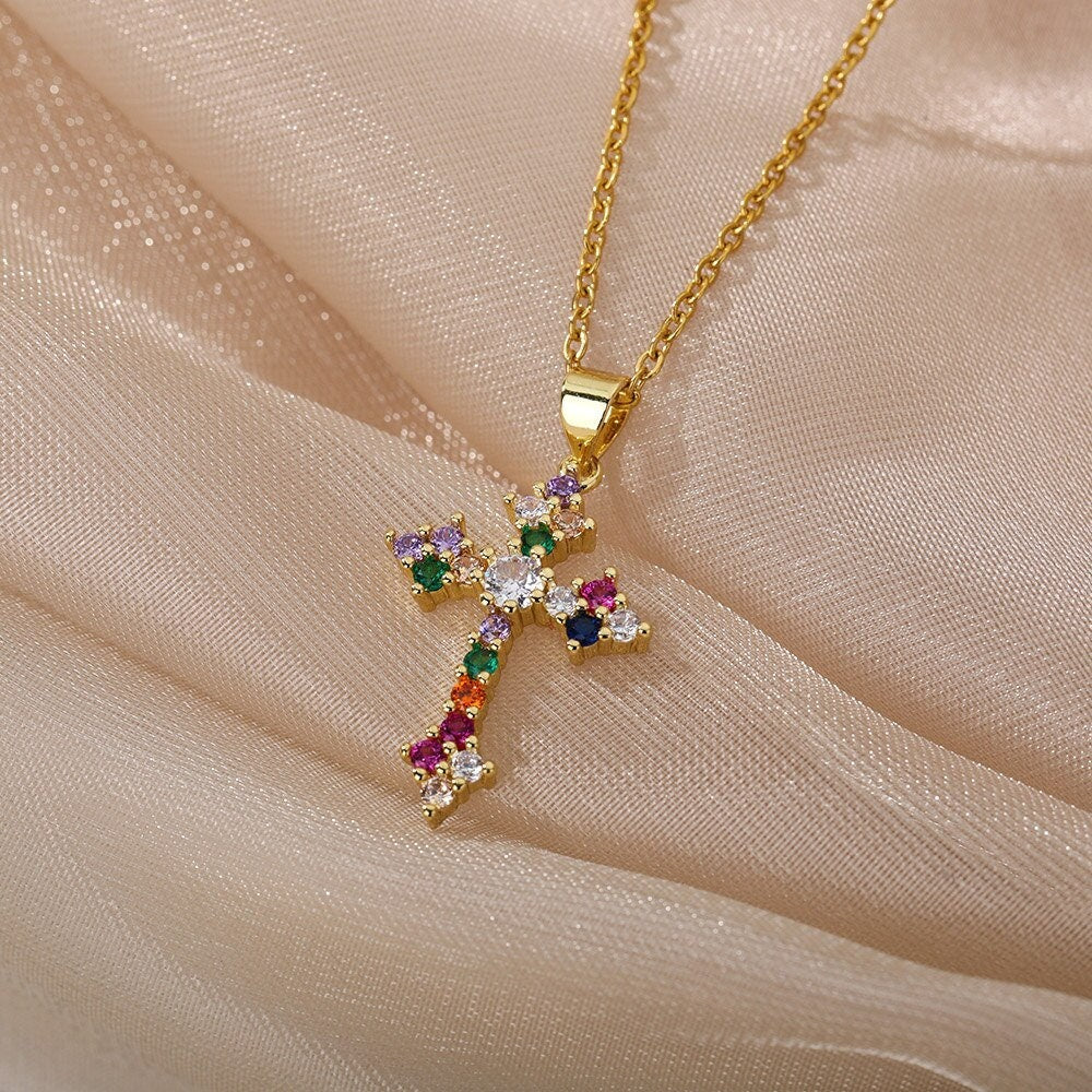 Cubic Zirconia Cross Pendant, Gold Christian Cross Necklace, 18K Gold Cross, Religious Catholic Dainty Minimalist for Women, Gift for Her