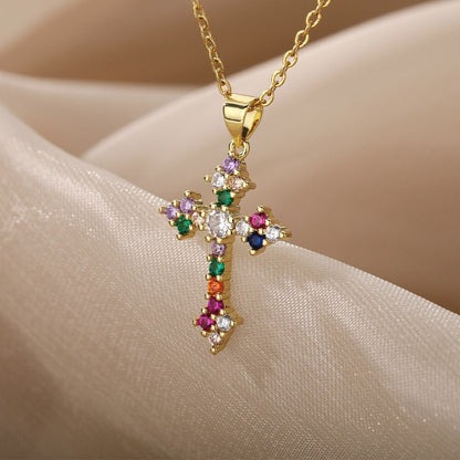 Cubic Zirconia Cross Pendant, Gold Christian Cross Necklace, 18K Gold Cross, Religious Catholic Dainty Minimalist for Women, Gift for Her