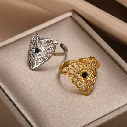 Punk Evil Eye Heart Ring, 18K Gold Evil Eye Ring, Gothic Cubic Zirconia Crystal Evil Eye Heart Ring for Women, Dainty Boho Minimalist Punk
