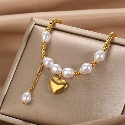 Punk 18K Gold Heart Pearl Bracelet, Boho Pearl Heart Gold Bracelet, Gold Pearl Bracelet for Women, Dainty Minimalist Pearl, Gift for Her