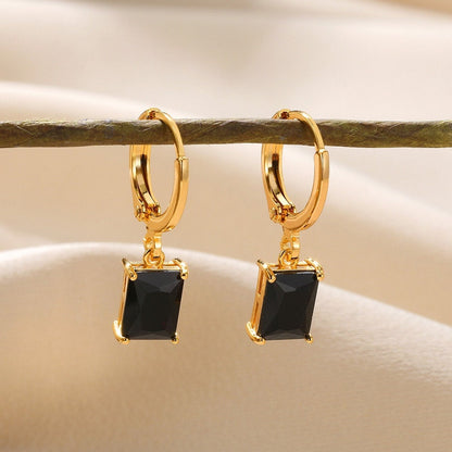 Dainty Crystal Drop Earrings, Gold Crystal Dangle Earrings, 18K Gold Square Hoops, Boho Cubic Zirconia Minimalist for Women, Gift for Her