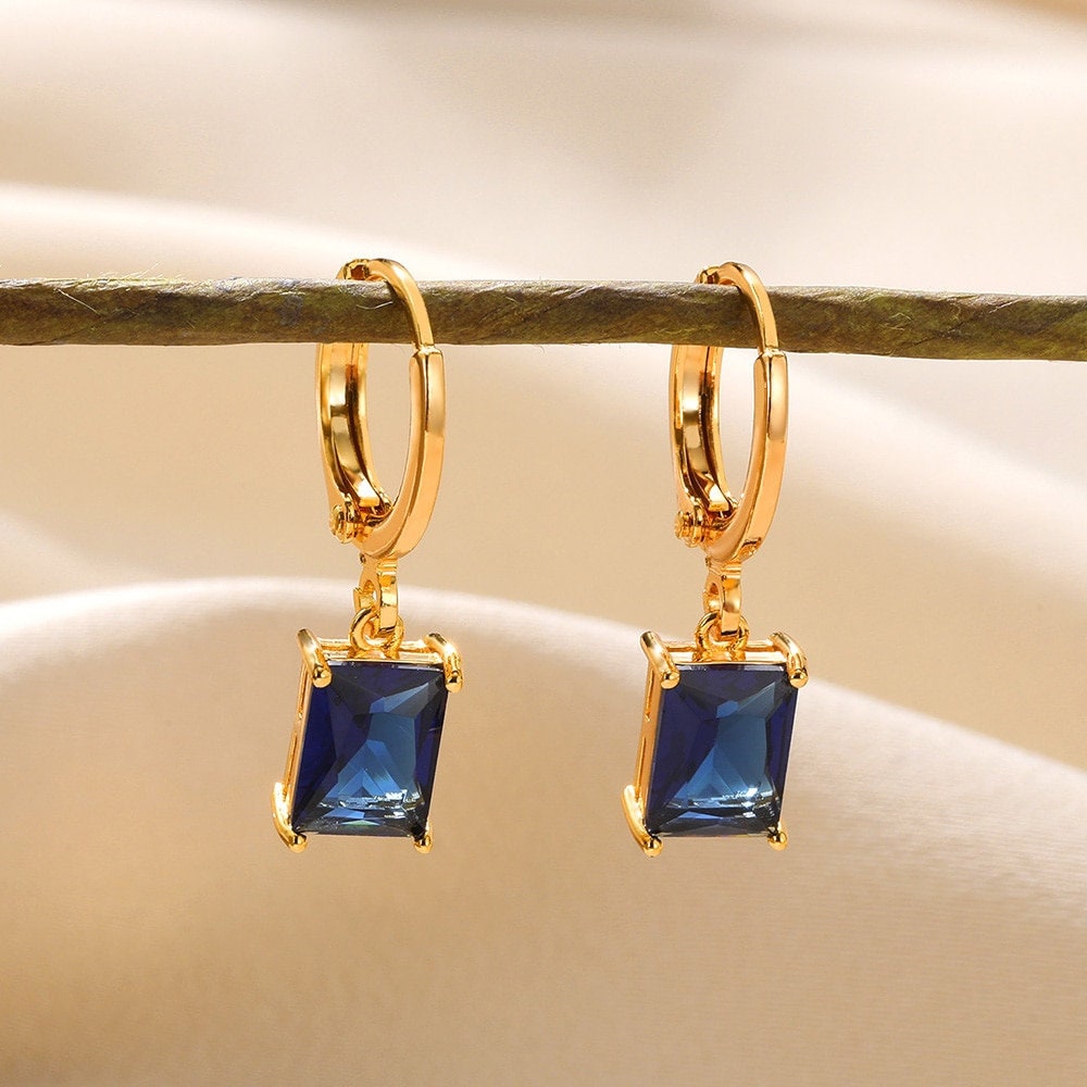 Dainty Crystal Drop Earrings, Gold Crystal Dangle Earrings, 18K Gold Square Hoops, Boho Cubic Zirconia Minimalist for Women, Gift for Her