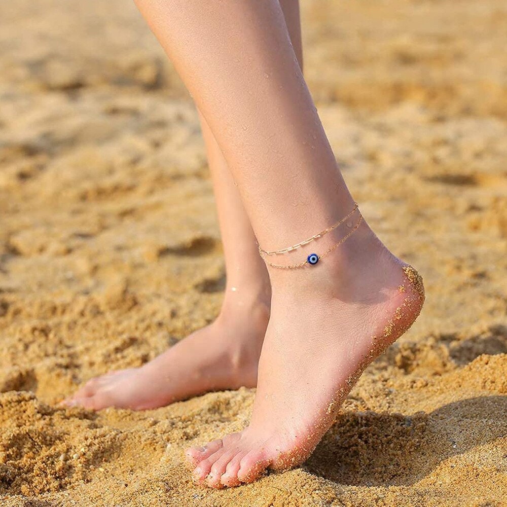 Dainty Blue Evil Eye Anklet, Gold Evil Eye Anklet, 18K Gold Bracelet, Boho Punk Evil Eye Minimalist Evil Eye for Women, Gift for Her