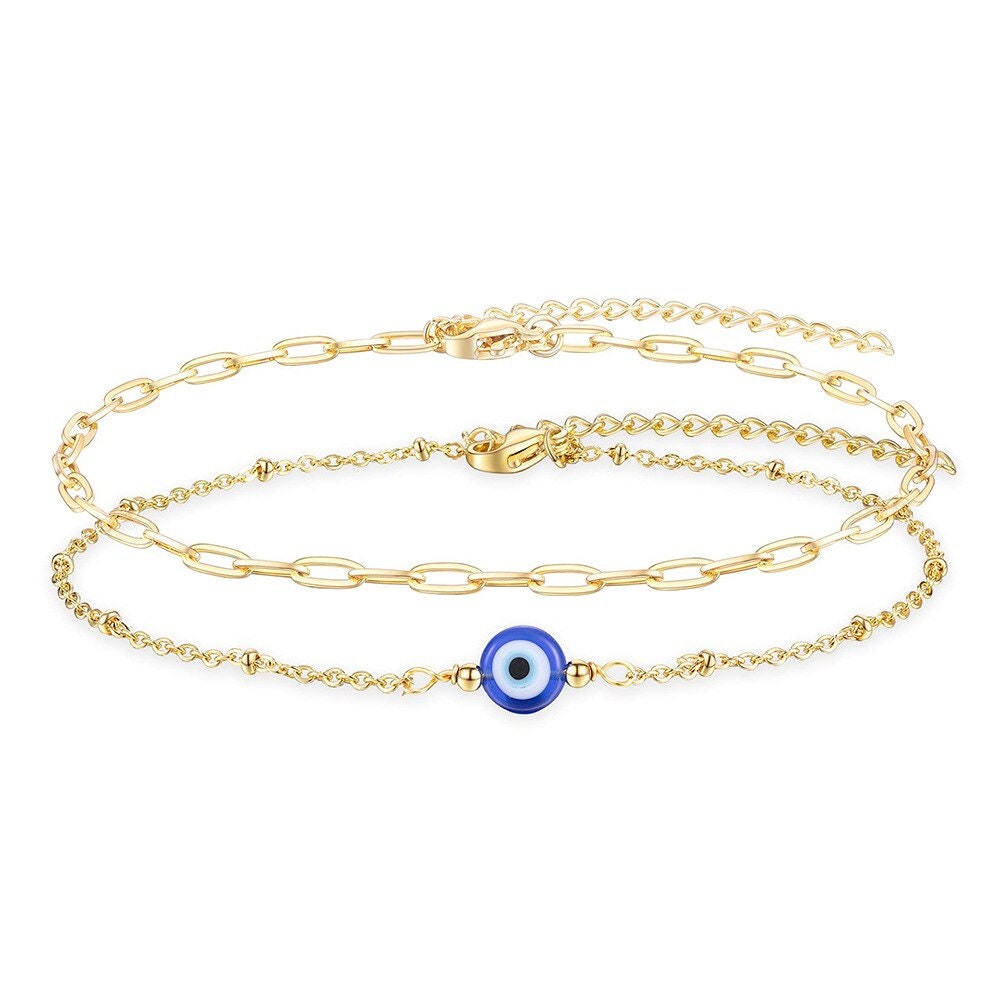 Dainty Blue Evil Eye Anklet, Gold Evil Eye Anklet, 18K Gold Bracelet, Boho Punk Evil Eye Minimalist Evil Eye for Women, Gift for Her