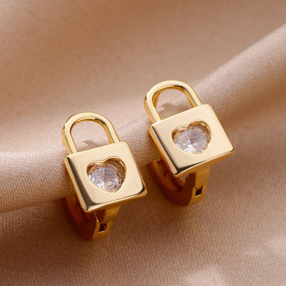 Punk 18K Gold Lock Earrings, Boho Crystal Heart Lock Stud Earrings, Cubic Zirconia Gold Punk Lock Heart, Dainty Minimalist for Women