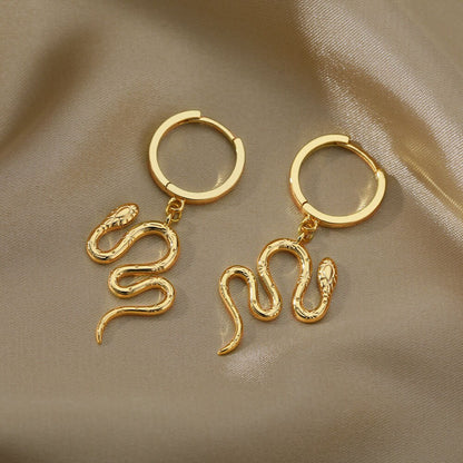 Punk 18K Gold Snake Dangle Earrings, Boho Gold Snake Drop Hoop Earrings, Gothic Dainty Minimalist Snake Hoops for Women, Gift for Her