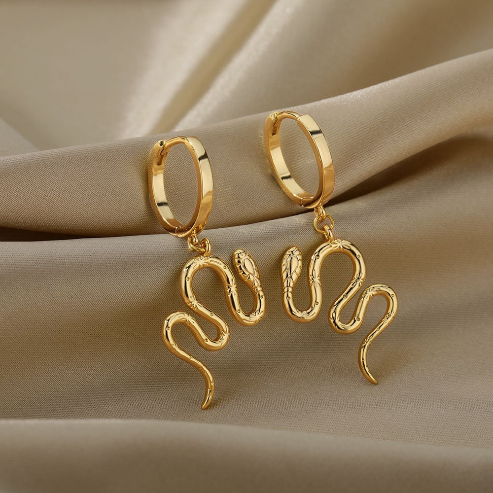 Punk 18K Gold Snake Dangle Earrings, Boho Gold Snake Drop Hoop Earrings, Gothic Dainty Minimalist Snake Hoops for Women, Gift for Her