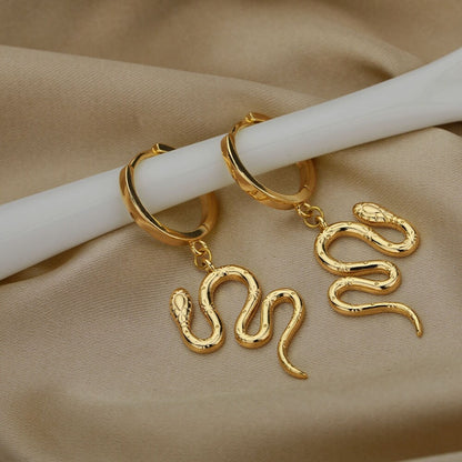 Punk 18K Gold Snake Dangle Earrings, Boho Gold Snake Drop Hoop Earrings, Gothic Dainty Minimalist Snake Hoops for Women, Gift for Her