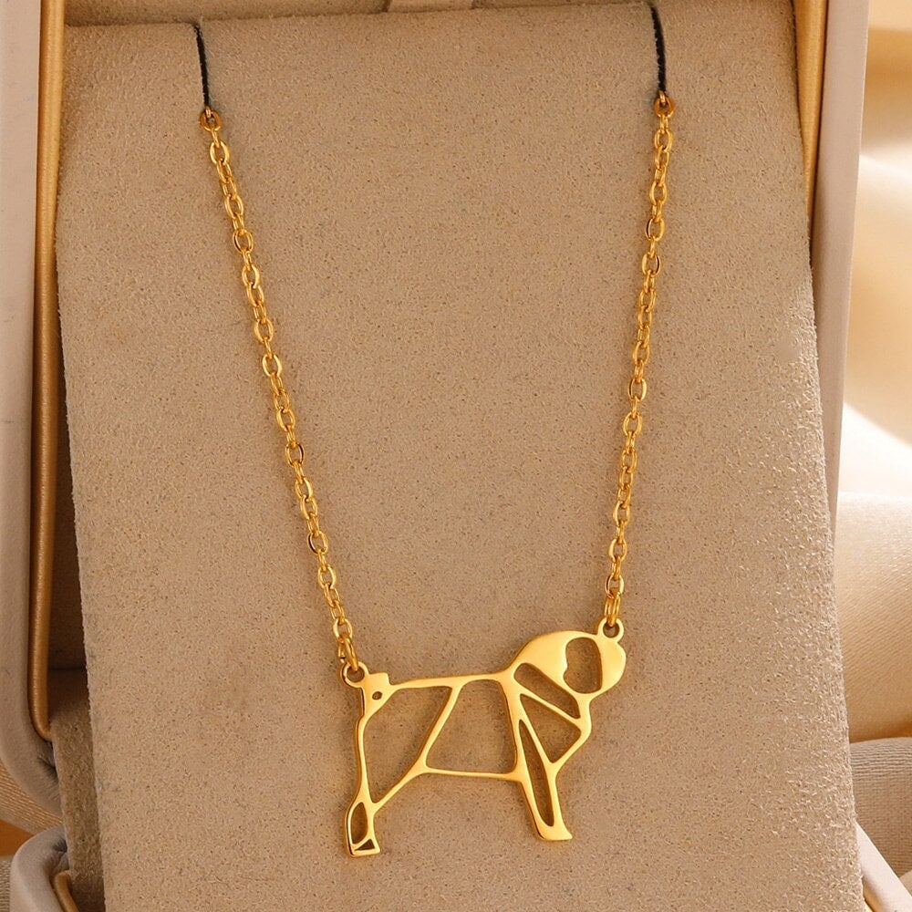 Punk Cute Abstract Puppy Pendant, Gold Pug Necklace, 18K Gold, Origami Dainty Minimalist Dog Doggo Puppy Jewelry for Women, Gift for Her