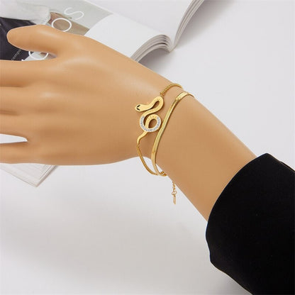 Punk Crystal Snake Bracelet, Gothic 18K Gold Snake Bracelet, Dainty Boho Double Layer Cubic Zirconia, Minimalist for Women, Gift for Her