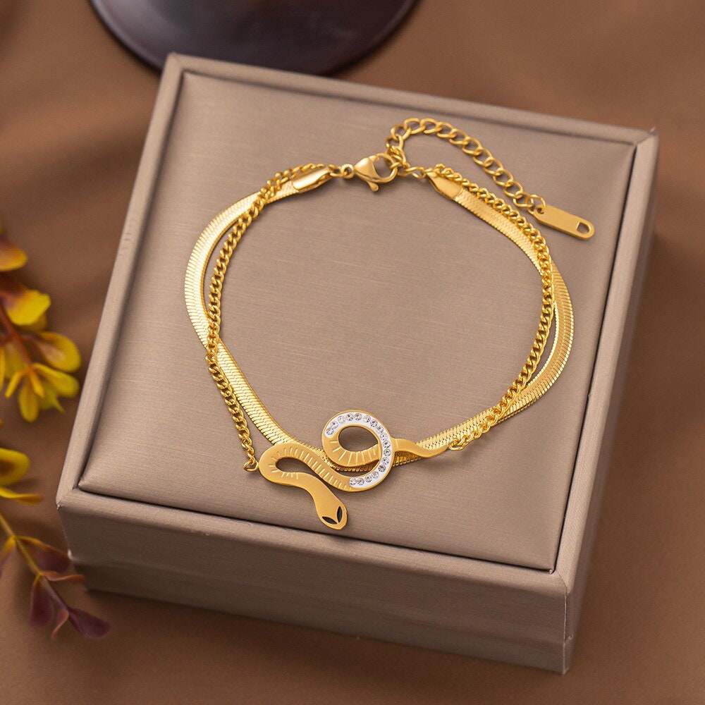 Punk Crystal Snake Bracelet, Gothic 18K Gold Snake Bracelet, Dainty Boho Double Layer Cubic Zirconia, Minimalist for Women, Gift for Her
