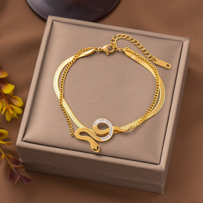 Punk Crystal Snake Bracelet, Gothic 18K Gold Snake Bracelet, Dainty Boho Double Layer Cubic Zirconia, Minimalist for Women, Gift for Her