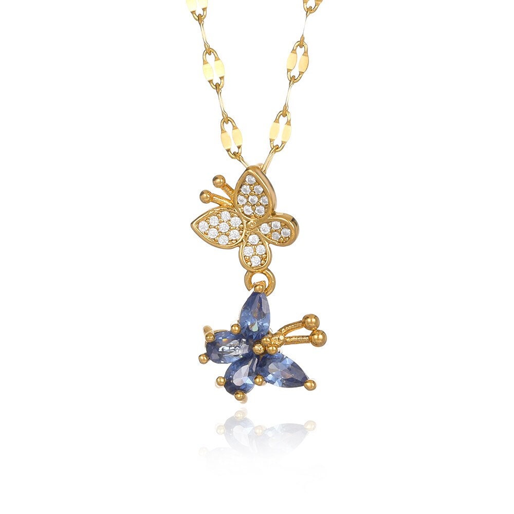 Punk Dainty Butterfly Pendant, Gold Moth Necklace, 18K Gold Blue Butterfly Necklace, Cubic Zirconia Minimalist for Women, Gift for Her