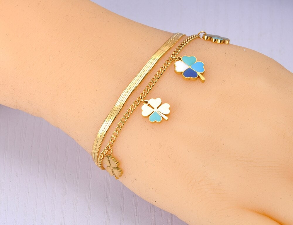Boho Gold Clover Charm Bracelet, 18K Gold Dainty Clover Bracelet, Punk Minimalist Lucky Clover Charm for Women, Gift for Her