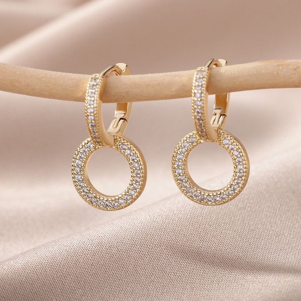 Punk Crystal Gold Round Drop Earrings, 18K Gold Boho Round Drop Earrings, Dainty Cubic Zirconia Crystal Earrings for Women, Gift for Her