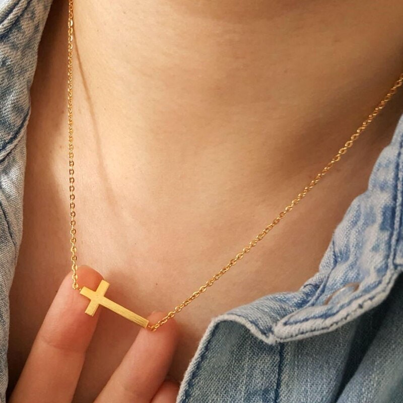 Dainty Gold Cross Pendant, Sideway Christian Cross Necklace, 18K Gold Religious Necklace, Mini Religious Minimalist for Women, Gift for Her