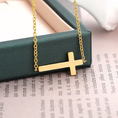 Dainty Gold Cross Pendant, Sideway Christian Cross Necklace, 18K Gold Religious Necklace, Mini Religious Minimalist for Women, Gift for Her