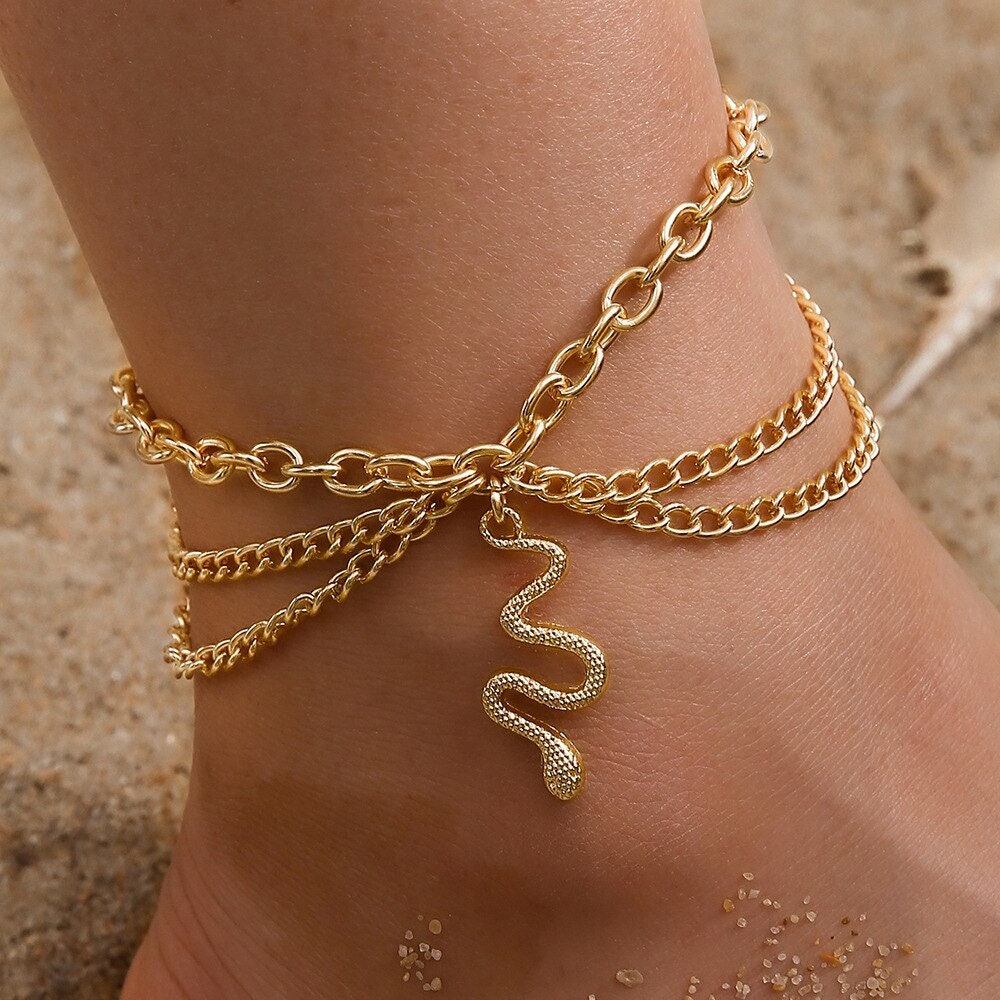Boho Multi Layer Snake Anklet, Punk Gold Snake Anklet, 18K Gold Snake Multi Chain Anklet, Gothic Dainty Minimalist for Women, Gift for Her