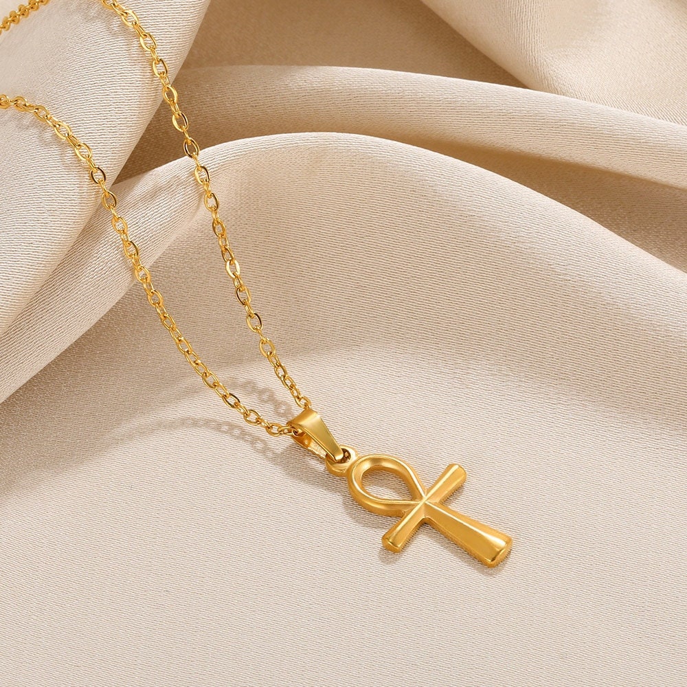 Gothic Egyptian Ankh Pendant, Gold Egyptian Key of Life Necklace, 18K Gold Egyptian Cross, Boho Dainty Minimalist Ethnic Religious for Women