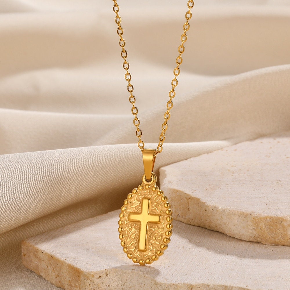 Dainty Gold Cross Coin Pendant, Christian Cross Necklace, 18K Gold Religious Necklace, Religious Minimalist for Women, Gift for Her