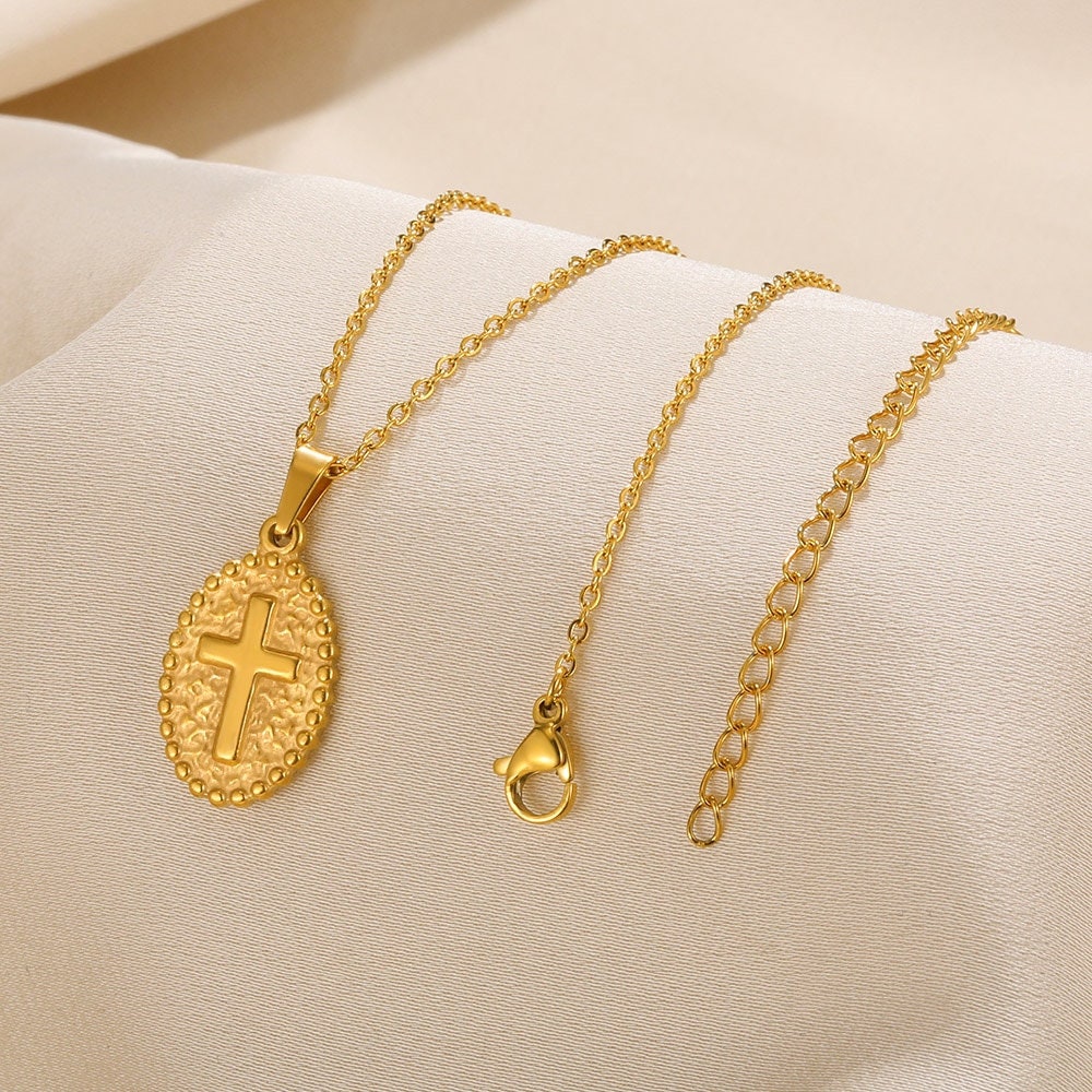 Dainty Gold Cross Coin Pendant, Christian Cross Necklace, 18K Gold Religious Necklace, Religious Minimalist for Women, Gift for Her