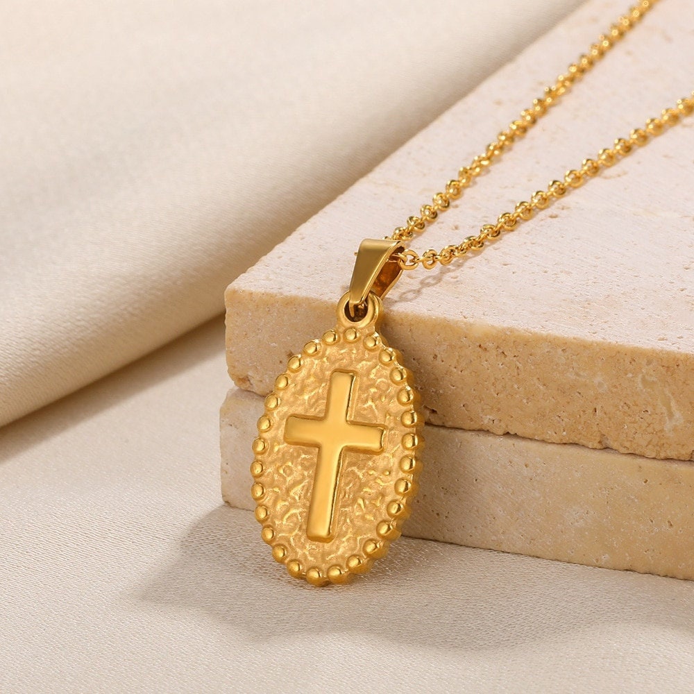 Dainty Gold Cross Coin Pendant, Christian Cross Necklace, 18K Gold Religious Necklace, Religious Minimalist for Women, Gift for Her