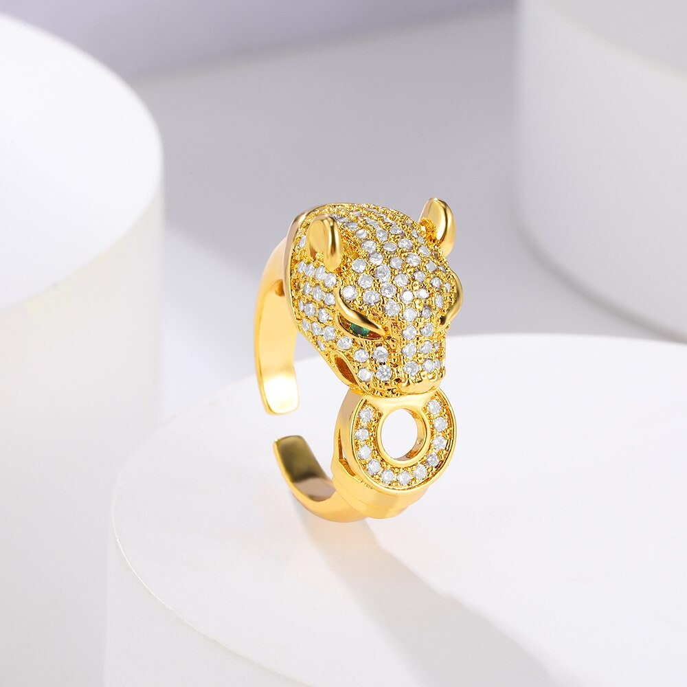 Punk Leopard Head Ring, Gold Leopard Ring, 18K Gold Cubic Zirconia, Gothic Jaguar Boho Dainty Luxury Party for Women, Gift for Her