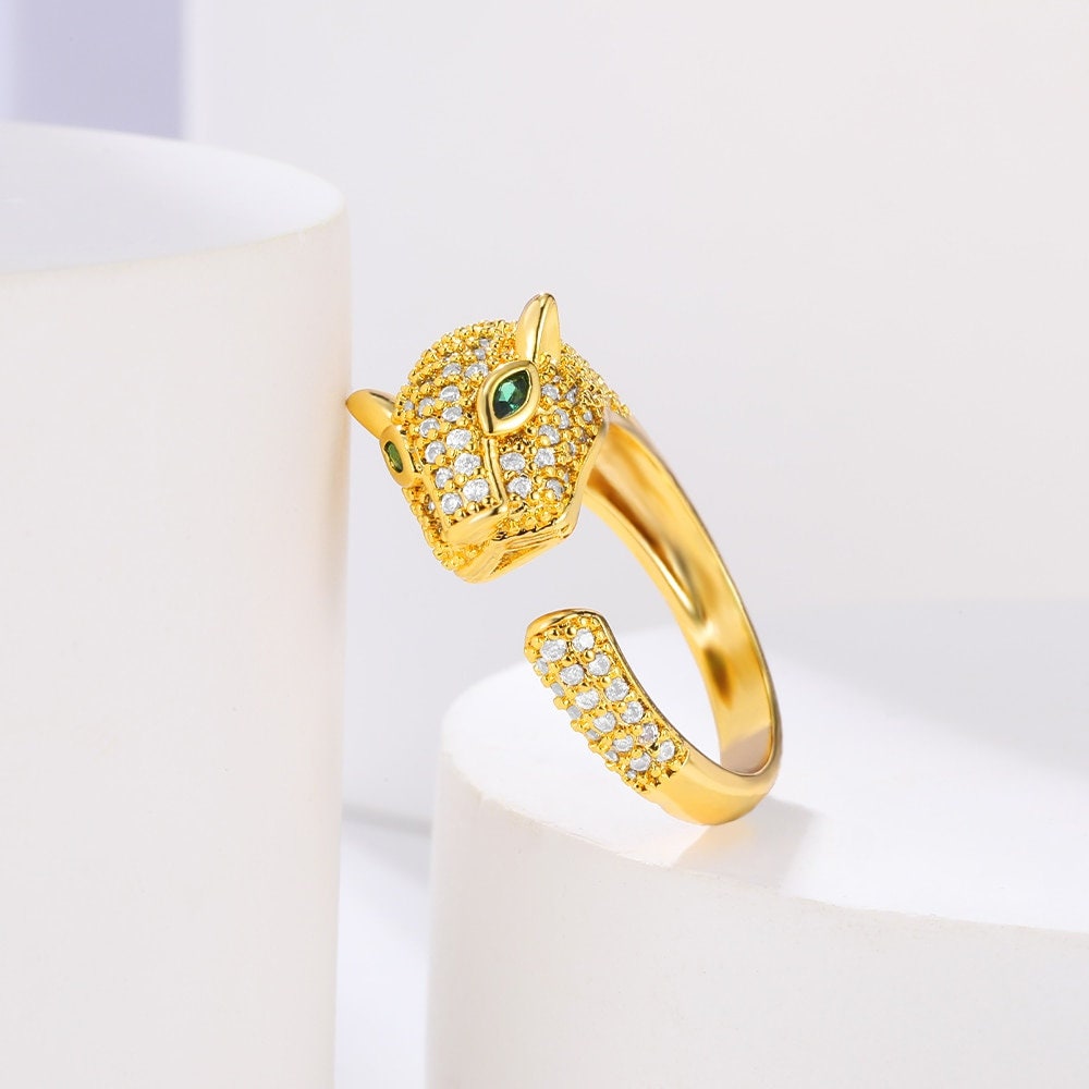 Punk Jaguar Head Ring, Gold Jaguar Ring, 18K Gold Cubic Zirconia, Gothic Leopard Boho Dainty Luxury Party for Women, Gift for Her