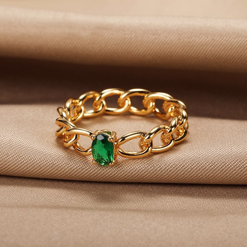 Punk Cuban Link Ring, Gold Chain Crystal Ring, 18K Gold Green Cubic Zirconia, Boho Dainty Minimalist Ring for Women, Gift for Her