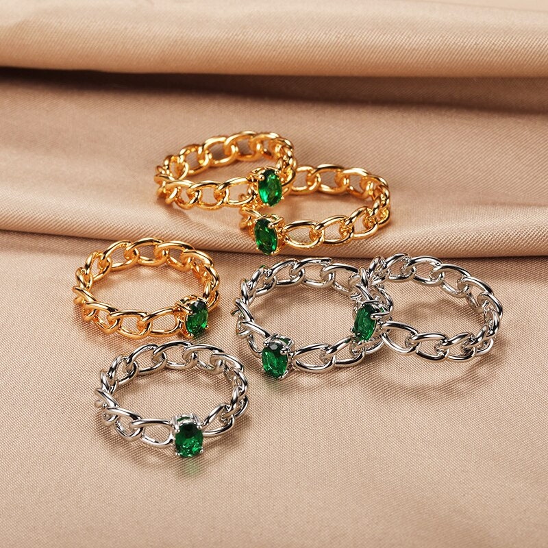 Punk Cuban Link Ring, Gold Chain Crystal Ring, 18K Gold Green Cubic Zirconia, Boho Dainty Minimalist Ring for Women, Gift for Her