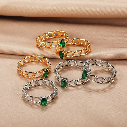 Punk Cuban Link Ring, Gold Chain Crystal Ring, 18K Gold Green Cubic Zirconia, Boho Dainty Minimalist Ring for Women, Gift for Her