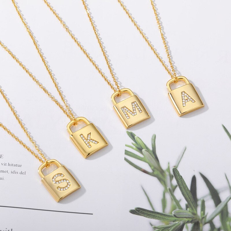 Punk Lock Initial Pendant, Gold Crystal Lock Necklace, 18K Gold Cubic Zirconia, Boho Dainty Minimalist Letter for Women, Gift for Her