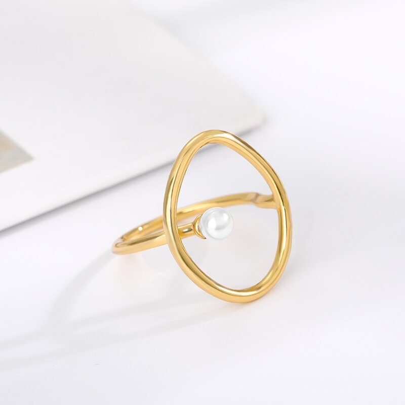 Punk Pearl Ring, 18K Gold Open Pearl Ring, Dainty Fine Pearl Ring, Gothic Fashion Adjustable Pearl Ring for Women, Gift for Her