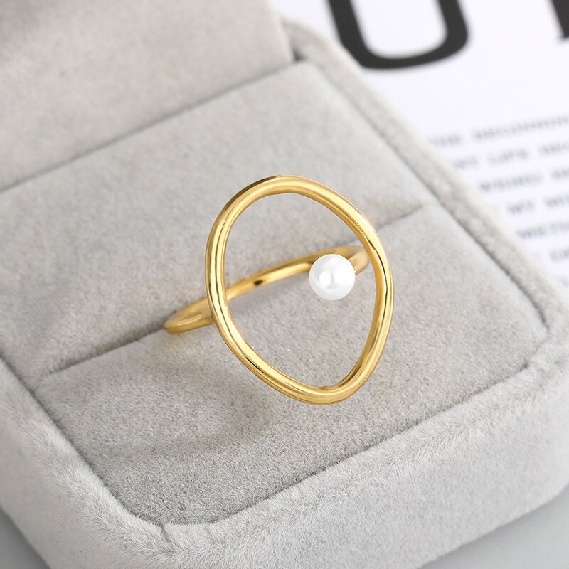 Punk Pearl Ring, 18K Gold Open Pearl Ring, Dainty Fine Pearl Ring, Gothic Fashion Adjustable Pearl Ring for Women, Gift for Her