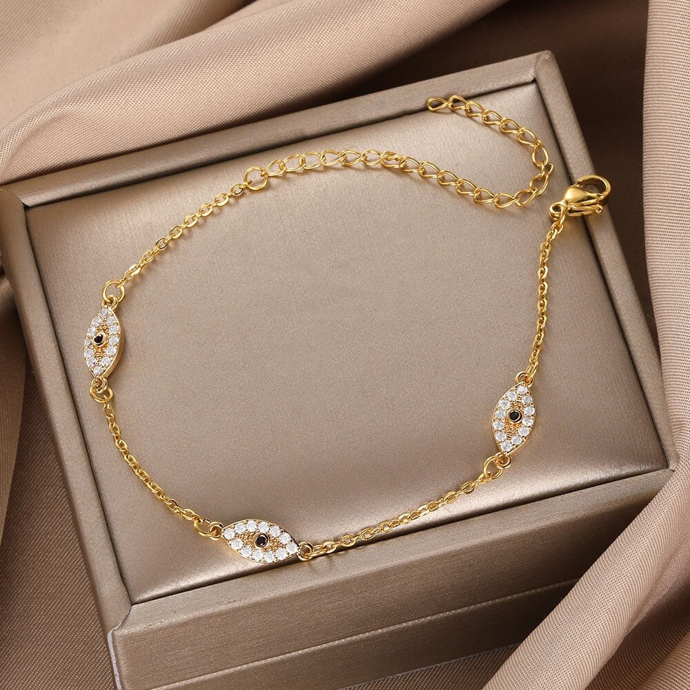Punk Evil Eye Bracelet, 18K Gold Evil Eye Bracelet, Dainty Evil Eye Bracelet, Gothic Protection Fashion Bracelet for Women, Gift for Her