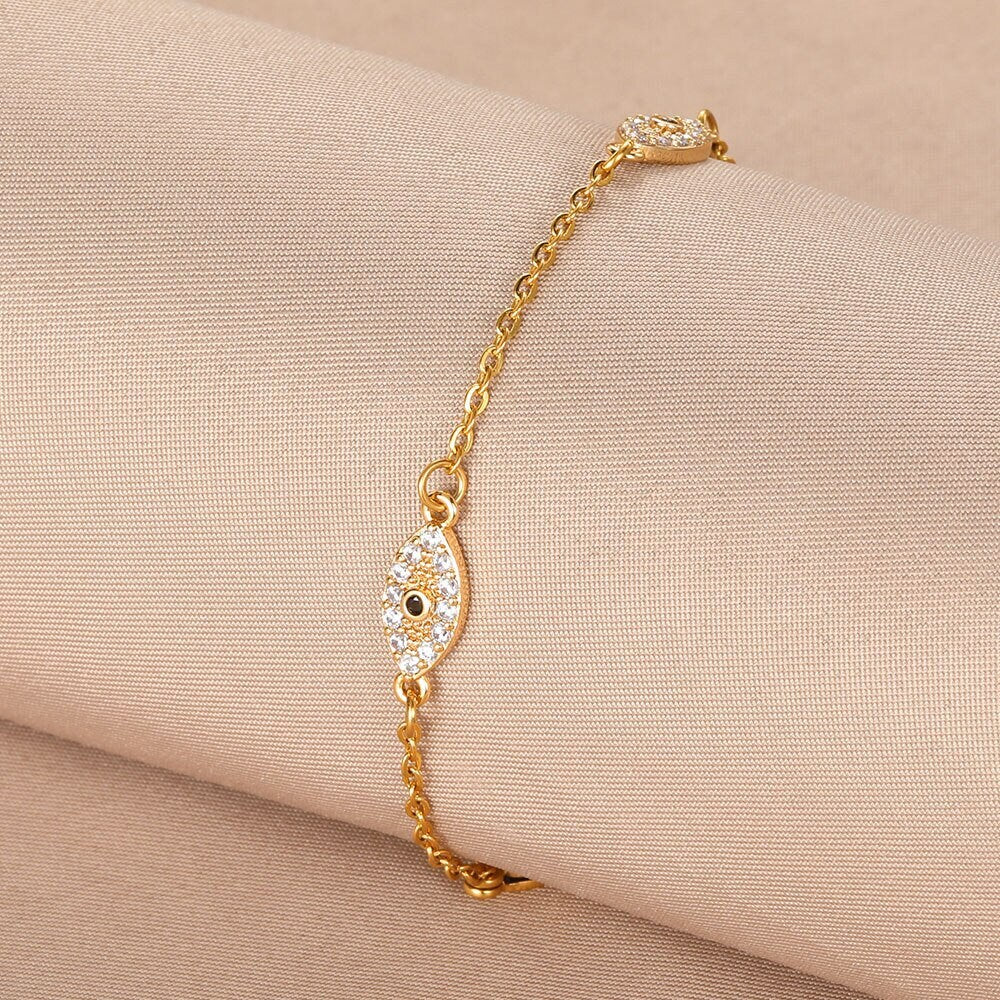Punk Evil Eye Bracelet, 18K Gold Evil Eye Bracelet, Dainty Evil Eye Bracelet, Gothic Protection Fashion Bracelet for Women, Gift for Her
