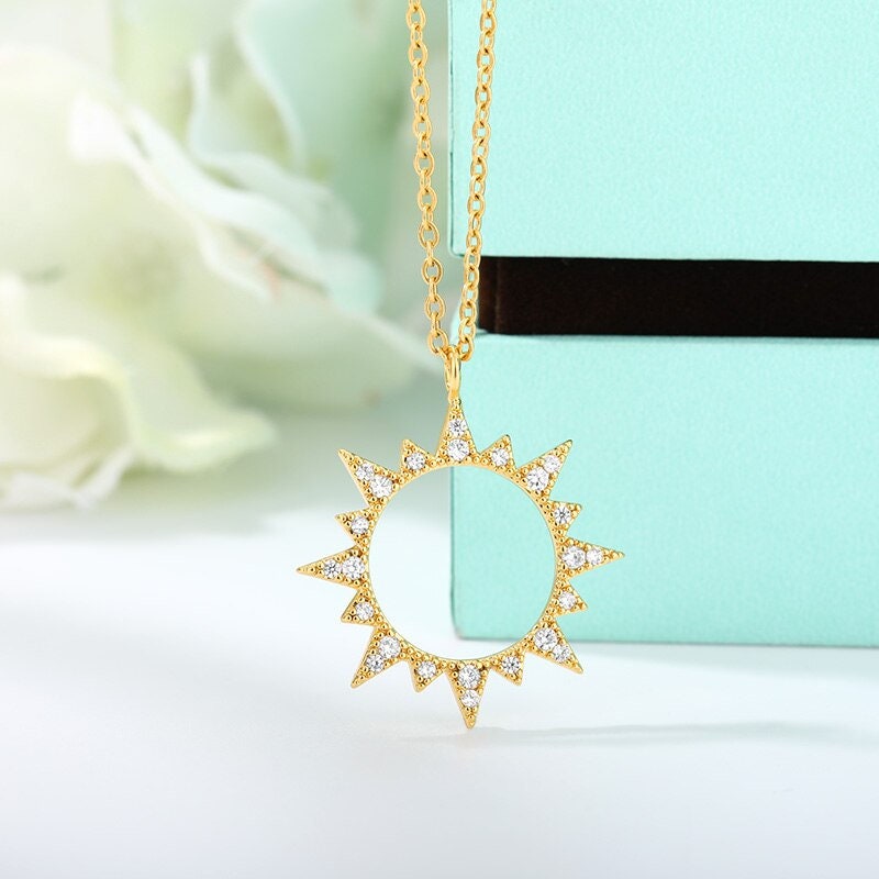 18K Gold Sun Pendant, Boho Hollow Sun Necklace, Gold Cubic Zirconia Punk Sun Pendant, Dainty Crystal Gothic Sun Necklace, Minimalist