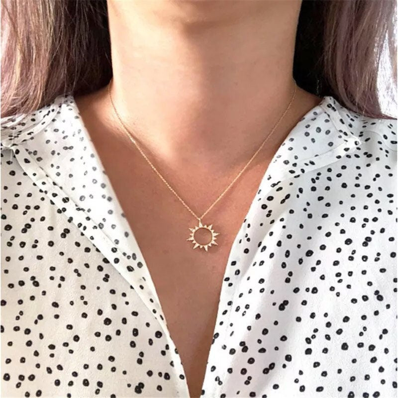 18K Gold Sun Pendant, Boho Hollow Sun Necklace, Gold Cubic Zirconia Punk Sun Pendant, Dainty Crystal Gothic Sun Necklace, Minimalist