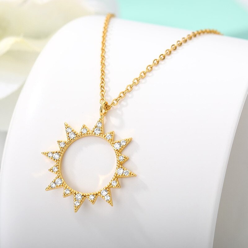 18K Gold Sun Pendant, Boho Hollow Sun Necklace, Gold Cubic Zirconia Punk Sun Pendant, Dainty Crystal Gothic Sun Necklace, Minimalist