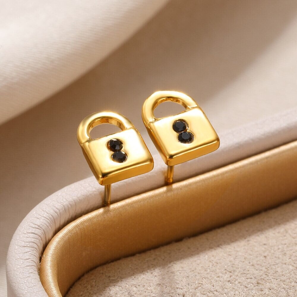 Punk 18K Gold Padlock Stud Earrings, Boho Gold Lock Stud Earrings, Dainty Minimalist Gothic Earrings for Women, Gift for Her