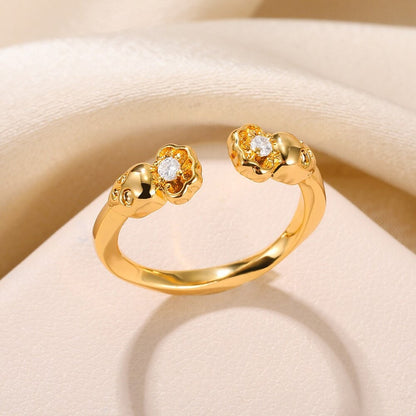 Punk Gold Skull Rose Ring, Gothic 18K Gold Skull Rose Ring, Boho Dainty Minimalist Adjustable Cubic Zirconia Ring for Women, Gift for Her