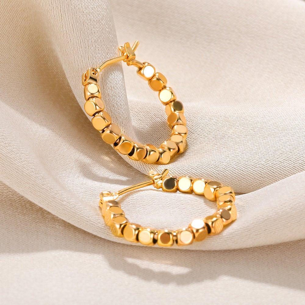 Boho Gold Bead Hoop Earrings, 18K Gold Dainty Beads Hoops Earrings, Punk Minimalist Hoops for Women, Gift for Her