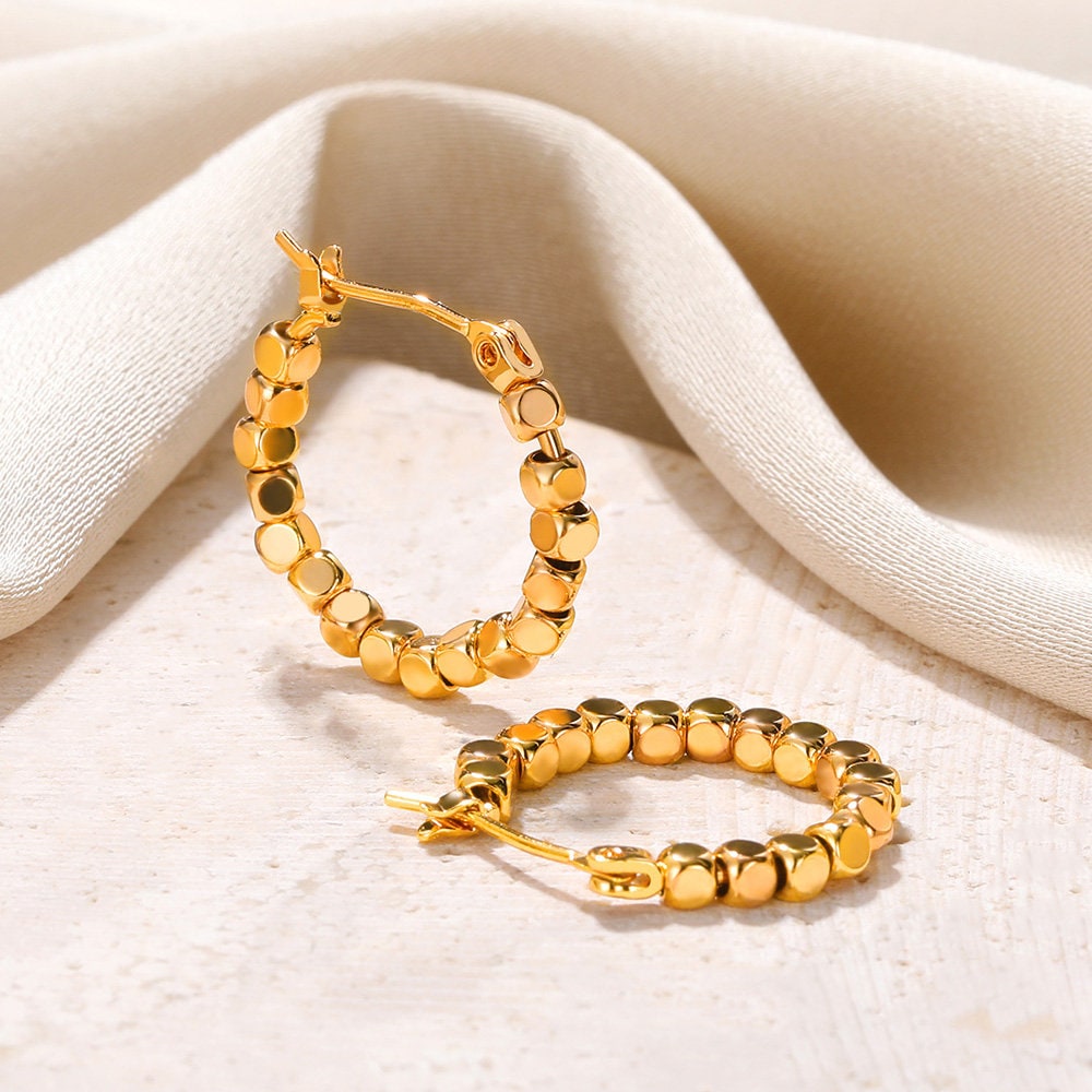Boho Gold Bead Hoop Earrings, 18K Gold Dainty Beads Hoops Earrings, Punk Minimalist Hoops for Women, Gift for Her