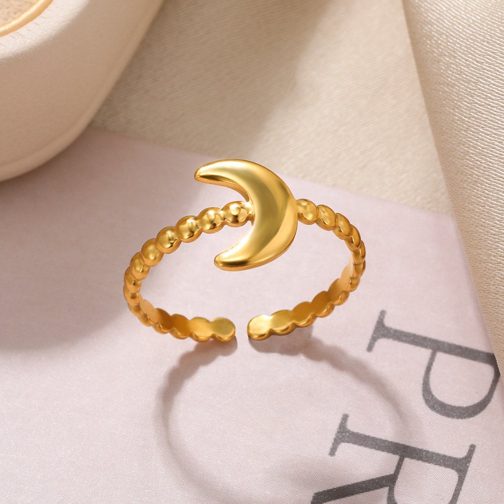 Punk Gold Moon Ring, 18K Gold Boho Moon Ring, Gothic Dainty Minimalist Adjustable Bead Ring for Women, Gift for Her